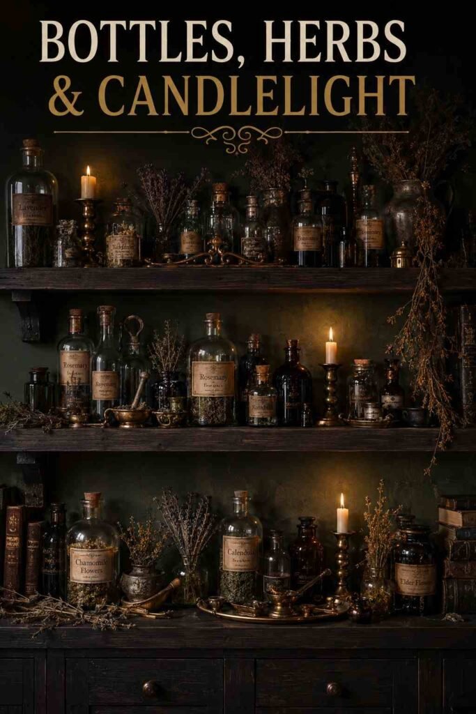 Witch Halloween Decor Ideas to Cast a Spell on Your Home This Halloween 4 Dark wood floating shelves styled with glass apothecary bottles, dried herbs, and a small brass tray, lit by candlelight.