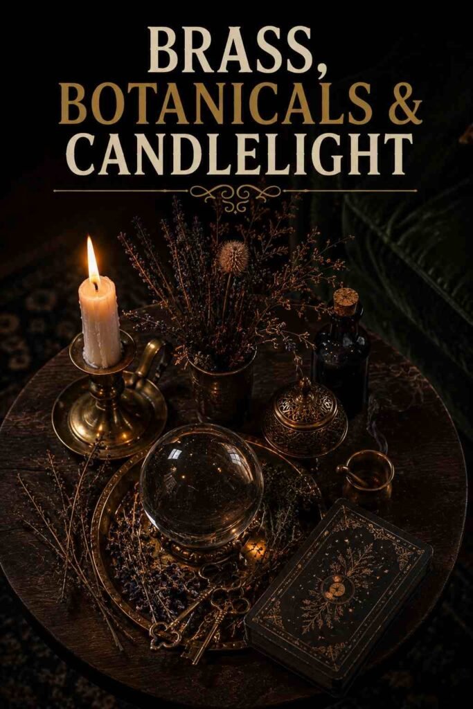 Witch Halloween Decor Ideas to Cast a Spell on Your Home This Halloween 5 An overhead view of a small side table styled with a brass tray, crystal ball, dried botanicals, and a lit candle.