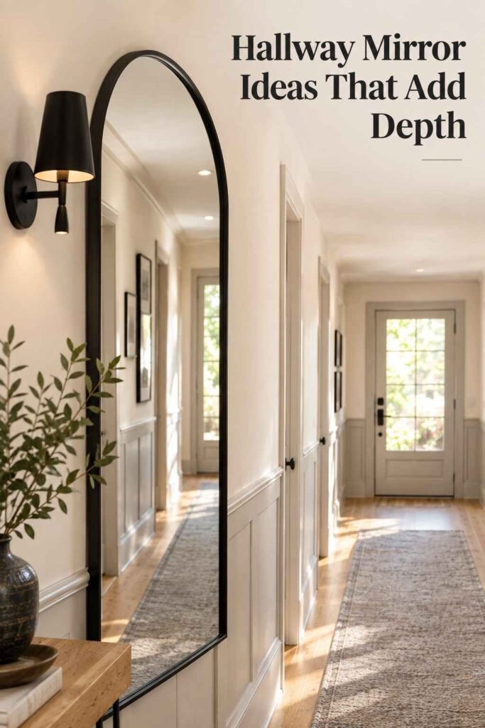 Narrow Hallway Ideas That Make a Tight Corridor Feel Wider, Brighter, and Full of Character 5 Tall arched mirror in a matte black frame mounted on a warm white wall, reflecting a narrow hallway's wood floor and runner rug.