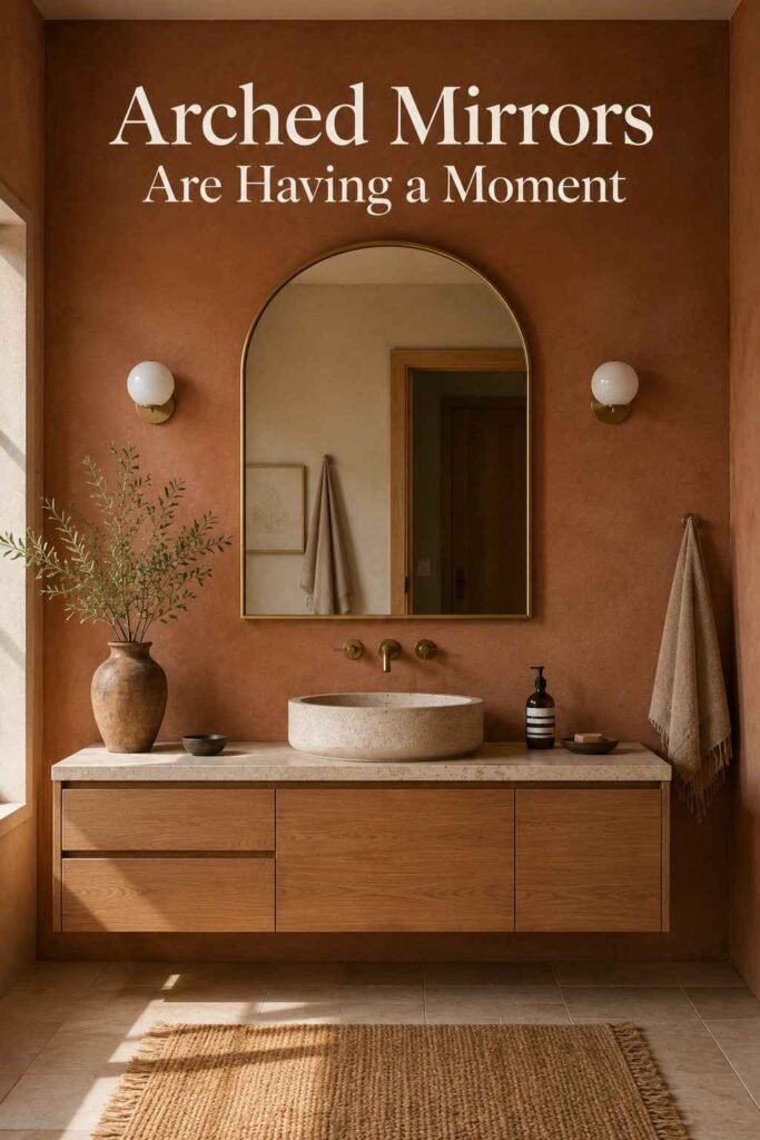 Aesthetic Bathroom Inspo Ideas to Transform Your Space in 2026 2 Symmetrical view of an arched brass mirror above a stone vessel sink in a cream bathroom.