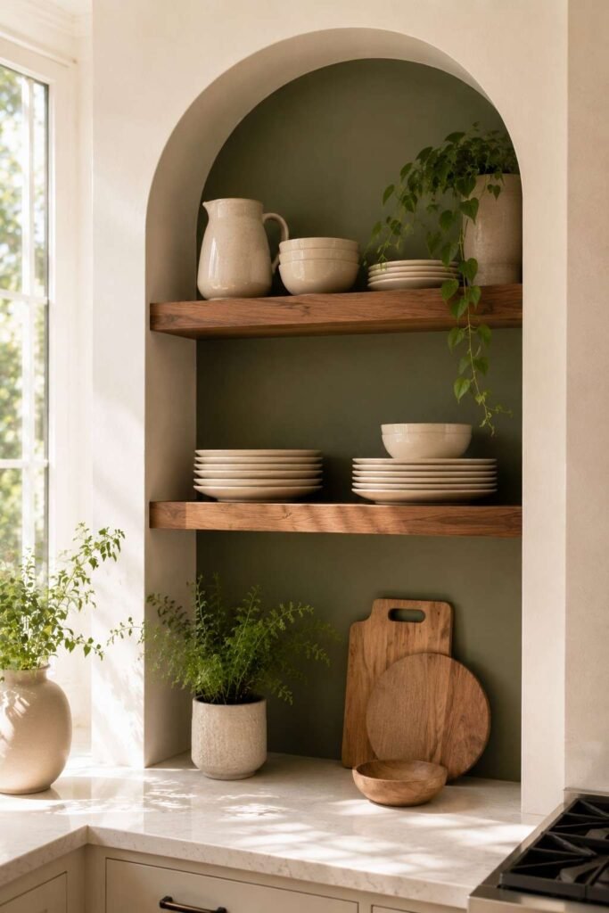 26 Kitchen Open Shelving Ideas for Corners: Styles, Sizes and Layouts 13 Arched built-in kitchen nook with wood shelves and cream dishes