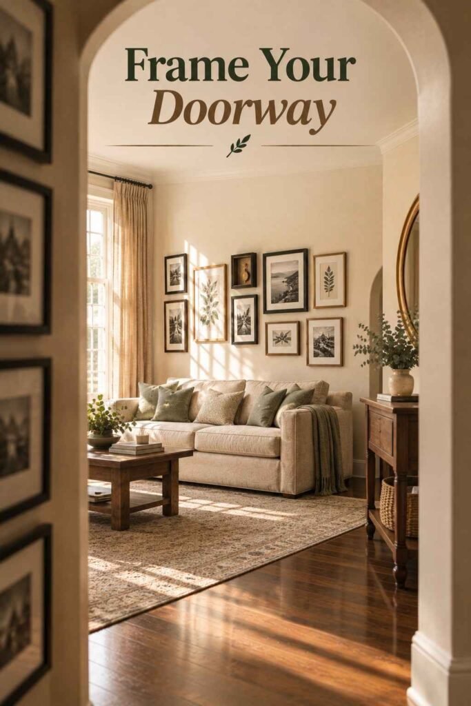 Picture Frame Wall Ideas to Turn Blank Walls Into Personal Stories 12 View through an arched doorway toward a sofa and framed gallery, with a column of black frames blurred in the foreground.