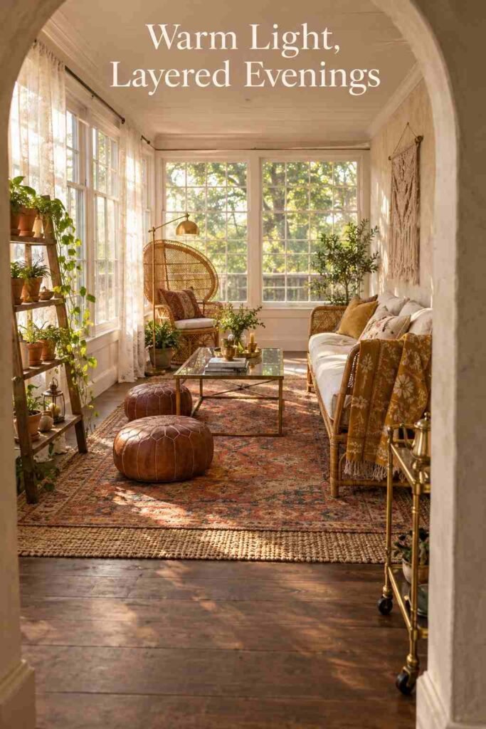 Boho Sunroom Ideas Vintage Lovers Will Adore 13 View through an arched doorway into a sunroom with a kilim rug, poufs, ladder shelf and peacock chair.