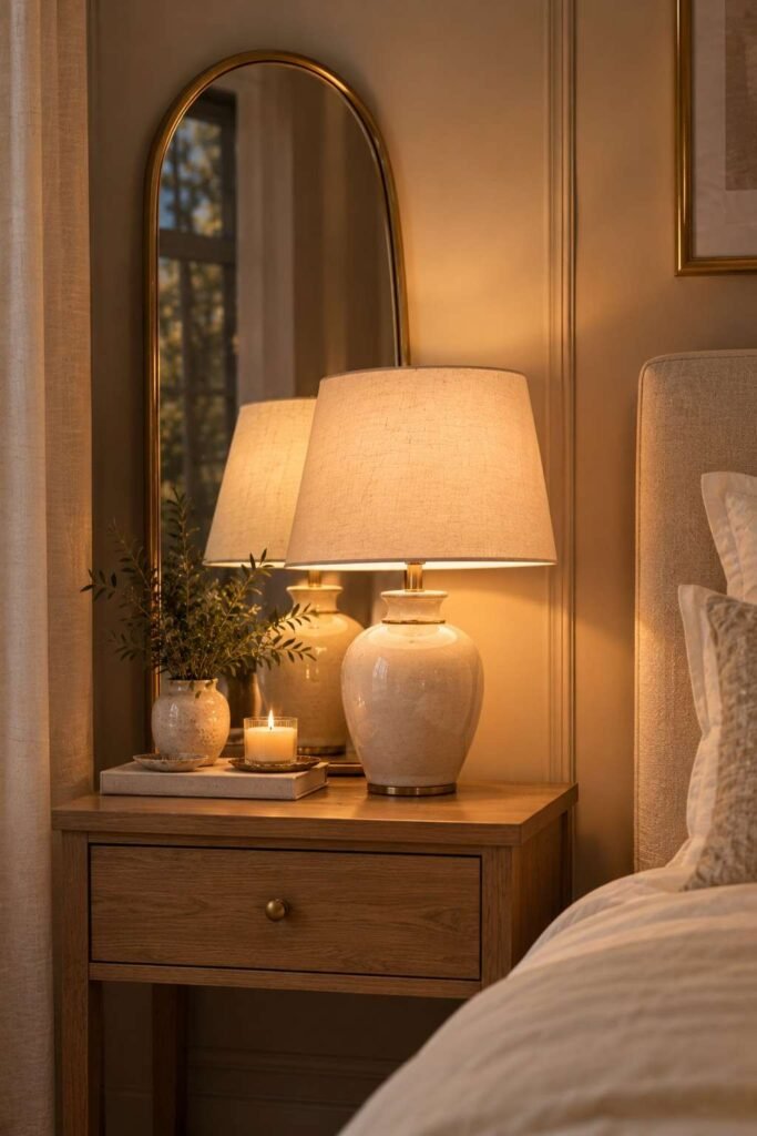 Mirror Table Decor Bedroom: 26 Stylish Ideas for Nightstands, Dressers & Vanities 6 Arched mirror behind a bedside table lamp doubling the warm glow