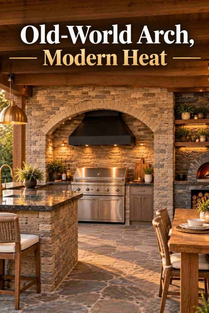 Stainless built-in grill under a black steel hood set inside an arched stone alcove.