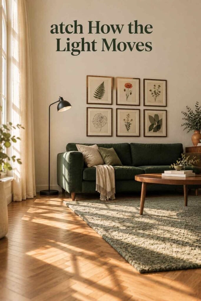 Soft morning light from an arched window casting long shadows across a herringbone floor and a sage wool rug.