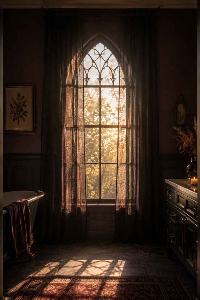 Tall arched bathroom window with sheer charcoal curtains against a dark aubergine wall.