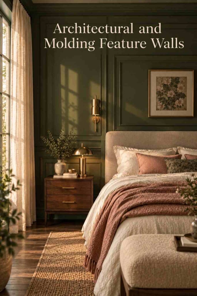 Feature Wall Bedroom Ideas: The Complete 2026 Guide to a Show-Stopping Statement Wall 6 Moody bedroom with a deep olive green architectural feature wall, decorative picture-frame molding, beige upholstered bed, walnut nightstand, and brass lighting.