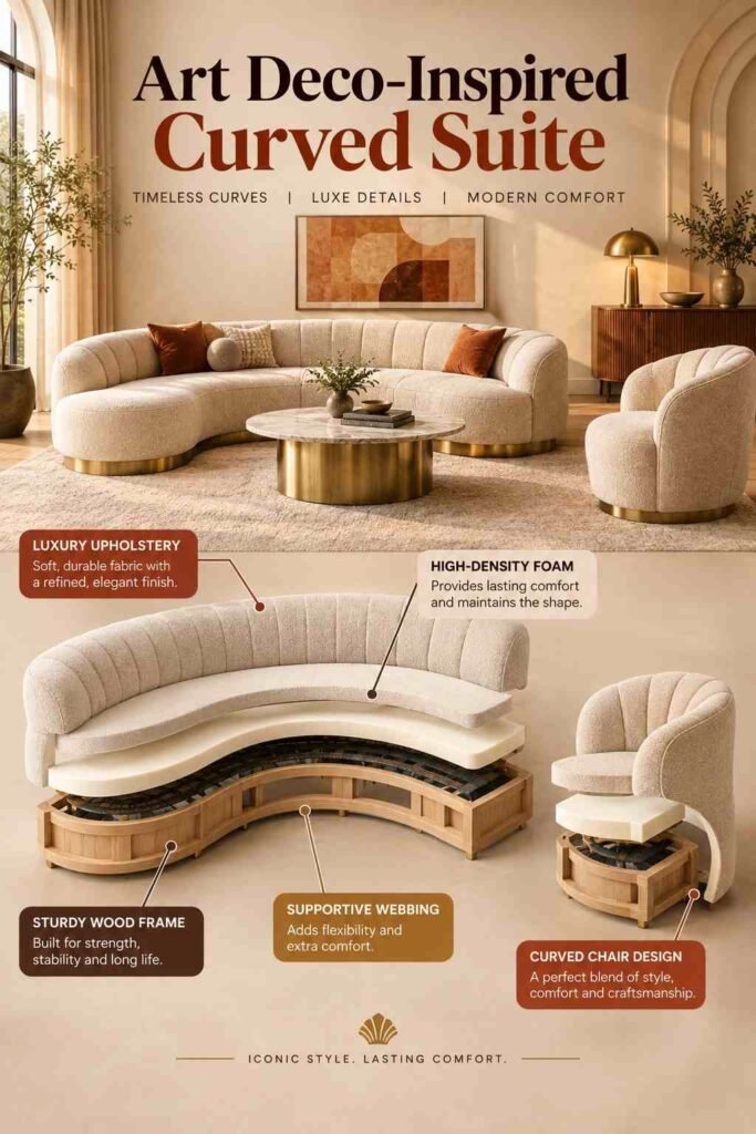Corner Sofa Designs to Elevate Every Living Room in 2026 5 Art Deco-inspired curved sofa suite shown in an exploded view with layered upholstery, foam, webbing, and wood frame.