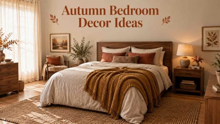 Bedroom with walnut headboard, terracotta and cream layered bedding, mustard throw, and warm lamp light.