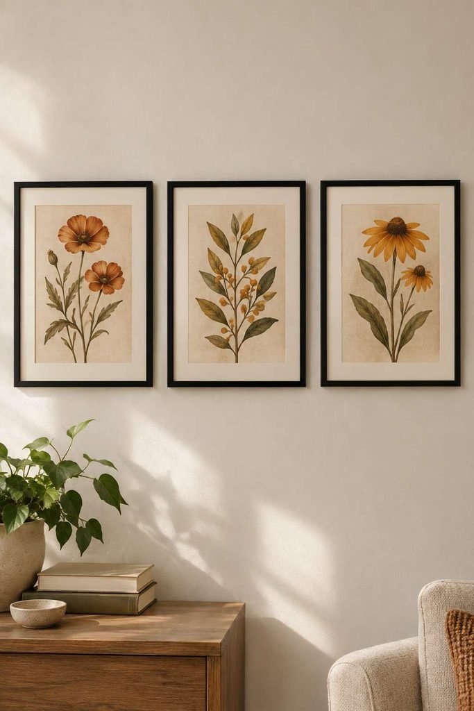 Fall Decor Indoor Ideas to Transform Your Home This Season That Actually Feel Warm 17 Botanical prints in warm autumn tones styled as a gallery wall for fall decor