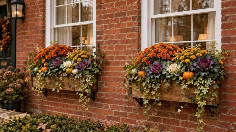 Brick house with autumn window boxes full of mums and kale