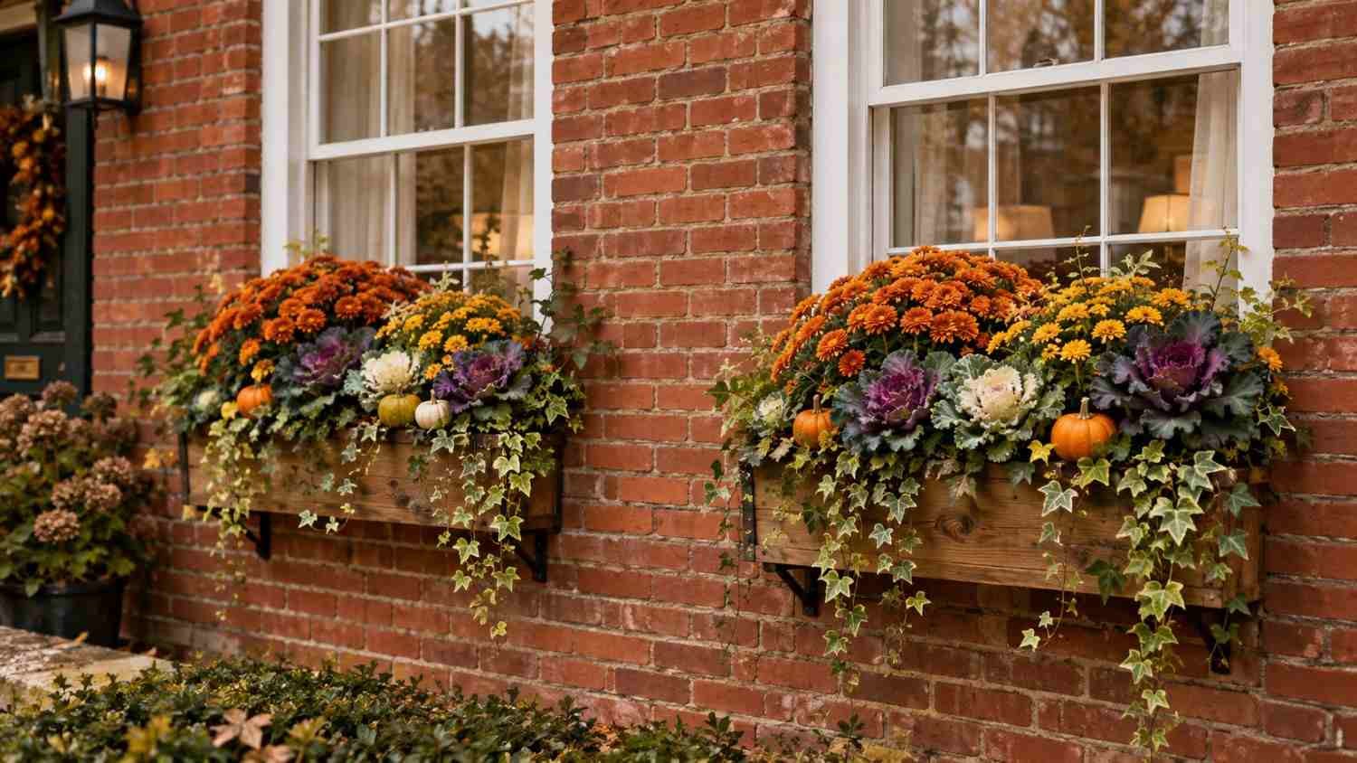 Brick house with autumn window boxes full of mums and kale