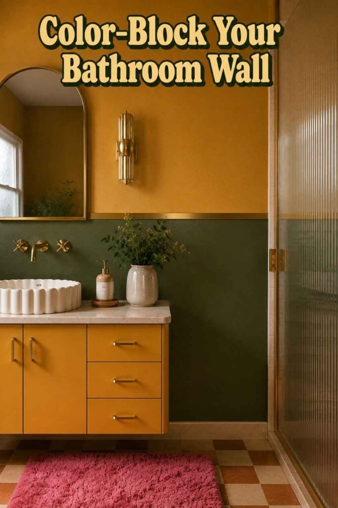 Small Funky Bathroom Ideas to Transform Your Tiny Space in 2026 2 Avocado green and mustard color-blocked bathroom wall divided by a thin brass trim strip, with a brass sconce.
