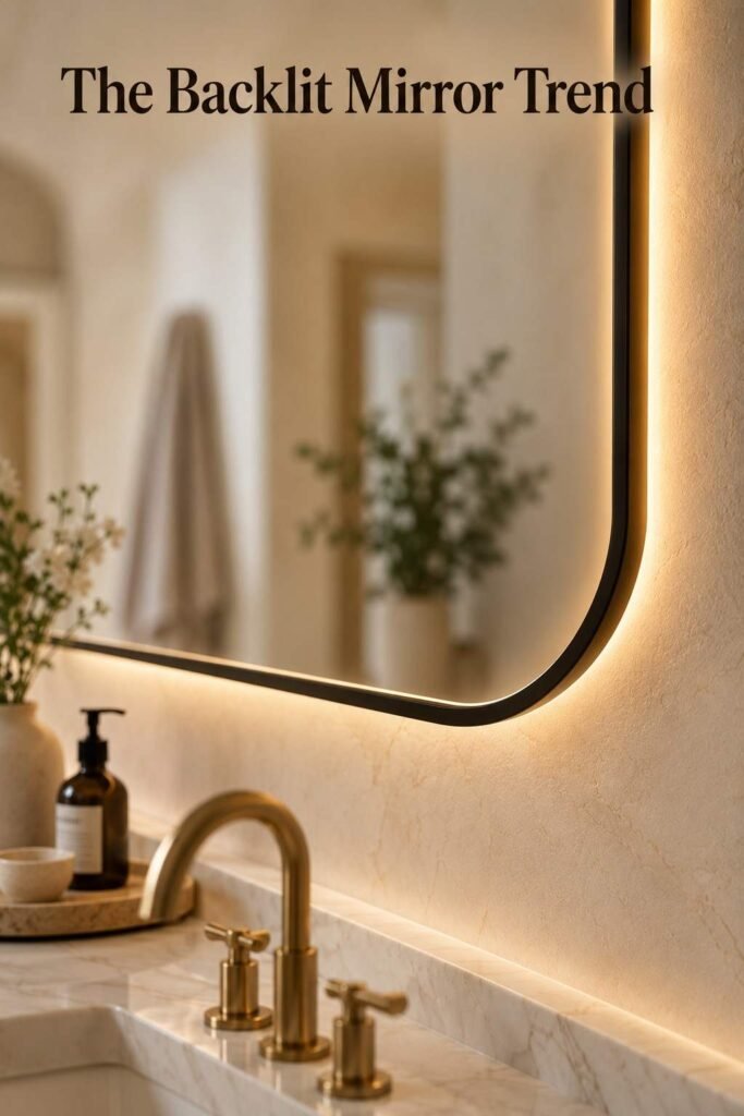 Close-up of a thin LED light strip glowing along the edge of a bathroom mirror frame.