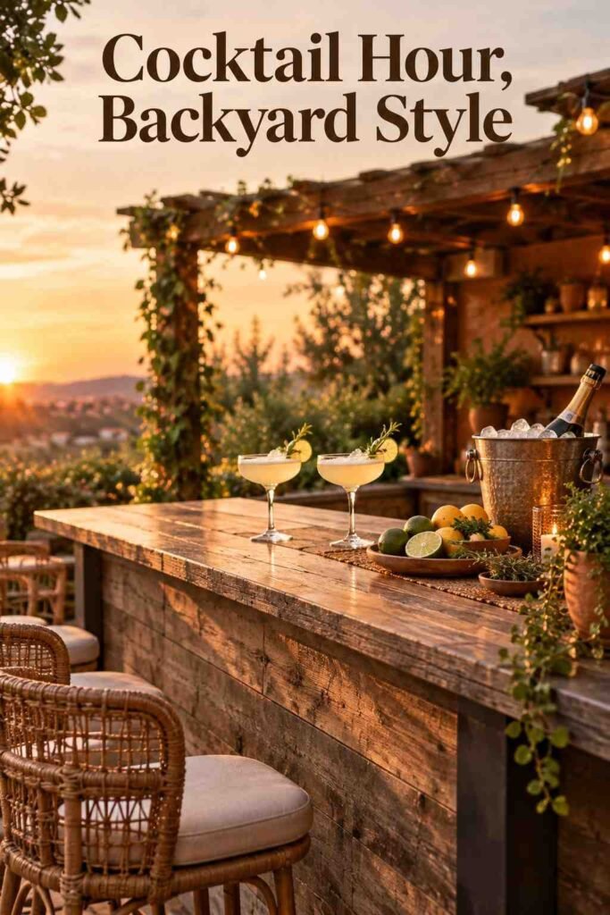 Close-up of a reclaimed wood bar counter with cocktail glasses and citrus garnish.
