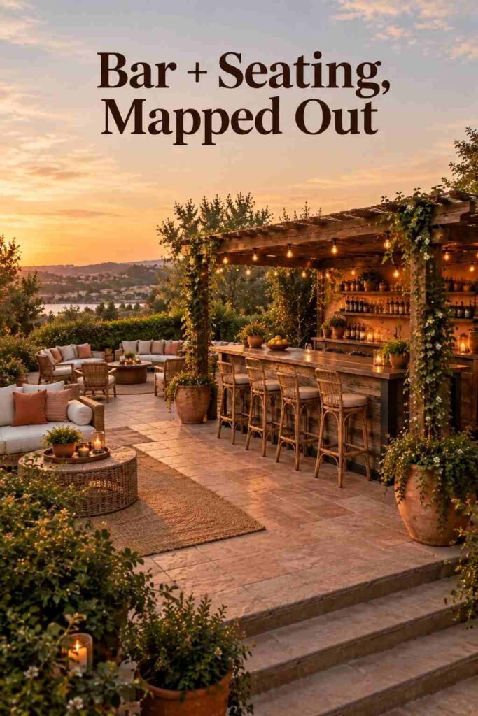Elevated view of an outdoor bar and surrounding seating layout in a backyard.