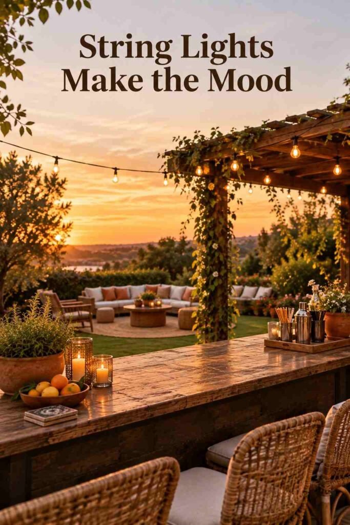 View from behind an outdoor bar counter looking toward string-lit backyard seating at dusk.