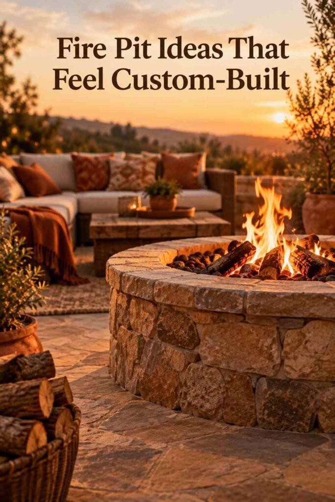 Cozy Outdoor Backyard Ideas to Transform Your Outdoor Space 5 Close-up of a lit stone fire pit with glowing embers and stacked firewood in a backyard patio setting.