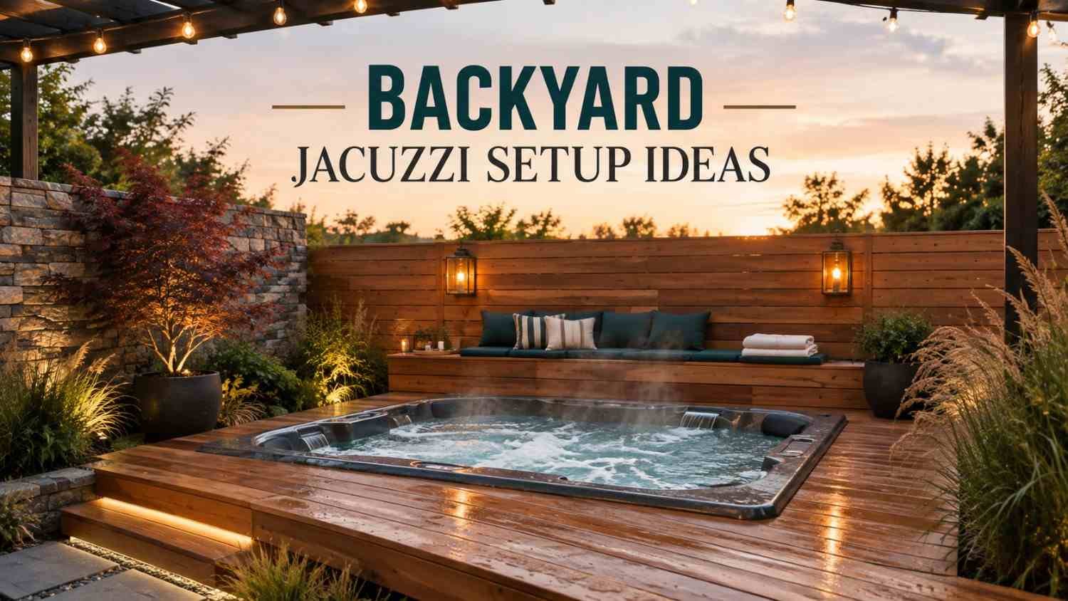 Backyard jacuzzi setup with a steaming tub set flush into a cedar deck beneath a pergola with string lights at dusk.