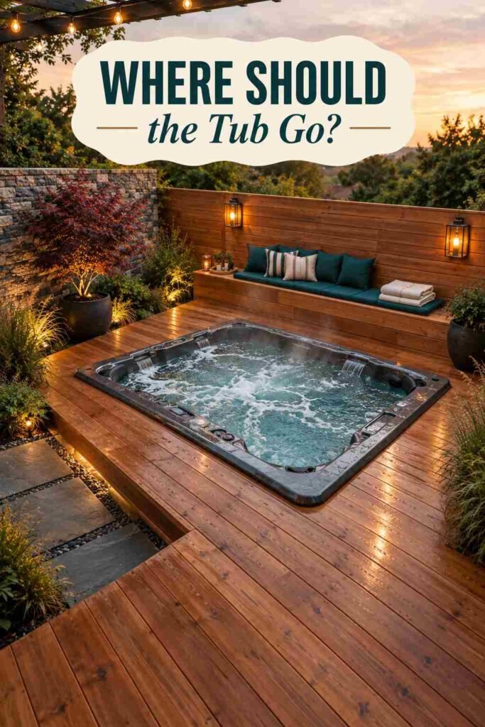 Elevated view of a cedar deck with a built-in jacuzzi, a bench, a planter and a slate paver path.