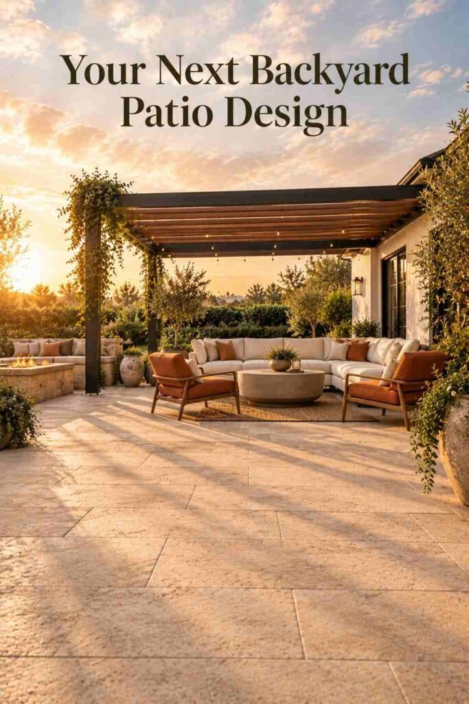 Backyard Patio Designs to Transform Your Outdoor Space in 2026 17 Low-angle view layering the fire pit, sofa, pergola beams, and sky across a full backyard stone patio.