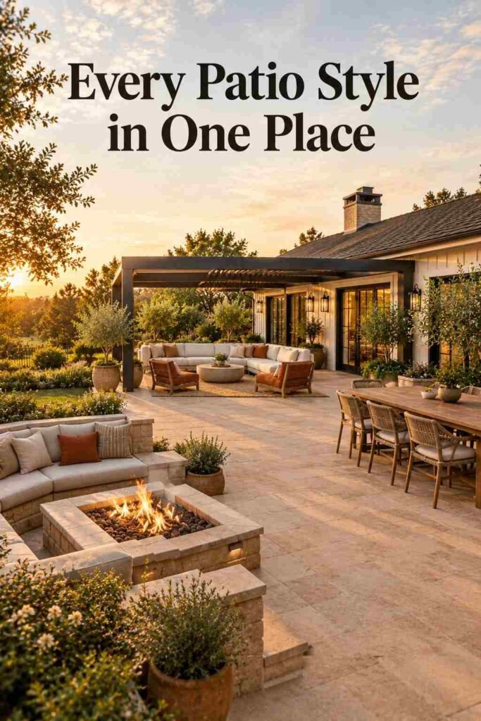 Backyard Patio Designs to Transform Your Outdoor Space in 2026 4 Full-depth view of a backyard patio from the fire pit toward the house, showing pergola, lounge, and dining zones together.