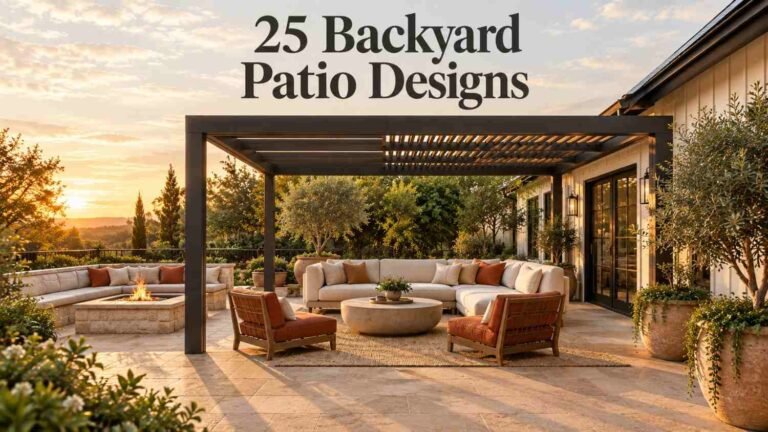 Wide view of a stone-paver backyard patio with a charcoal pergola, cream sofa, terracotta lounge chairs, and a sunken fire pit at golden hour.