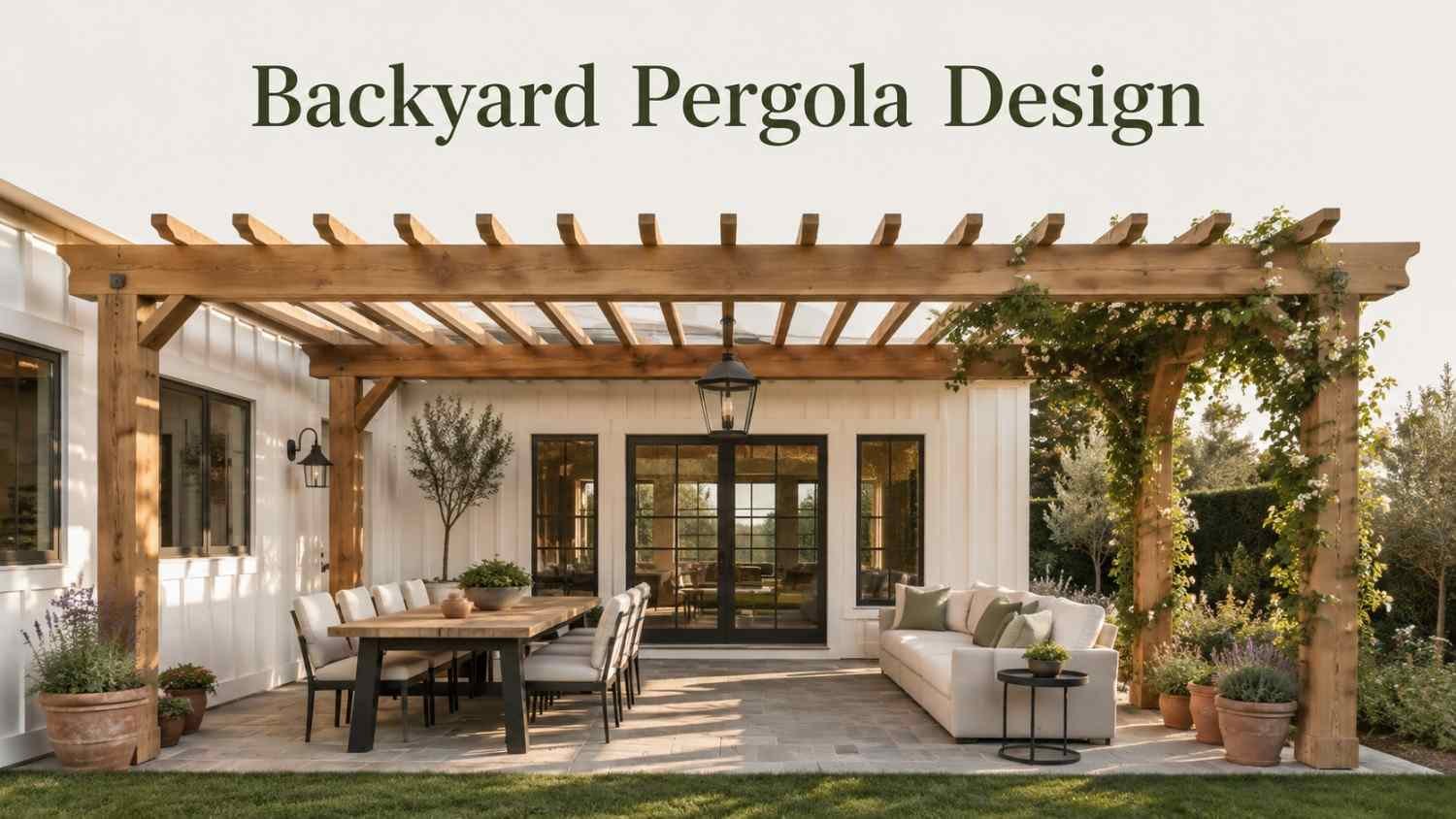Backyard pergola design with cedar beams over a stone patio, a dining table on the left and a cream sofa lounge on the right beside a white house wall.