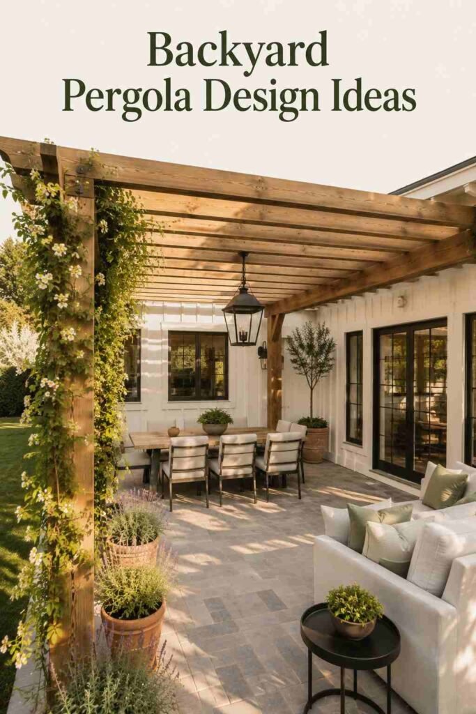 Backyard pergola design seen from the right corner, with jasmine climbing cedar posts above a stone patio and a set dining table.