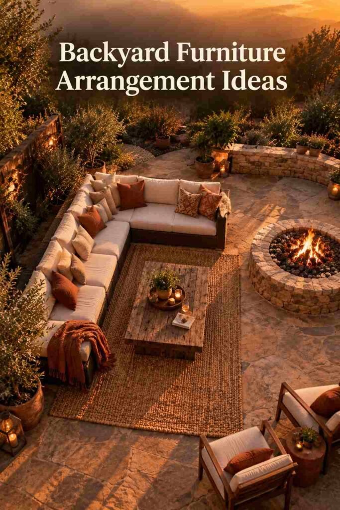 Cozy Outdoor Backyard Ideas to Transform Your Outdoor Space 2 Overhead view of a backyard patio seating area with a sectional sofa, coffee table, and rug arranged around a fire pit.