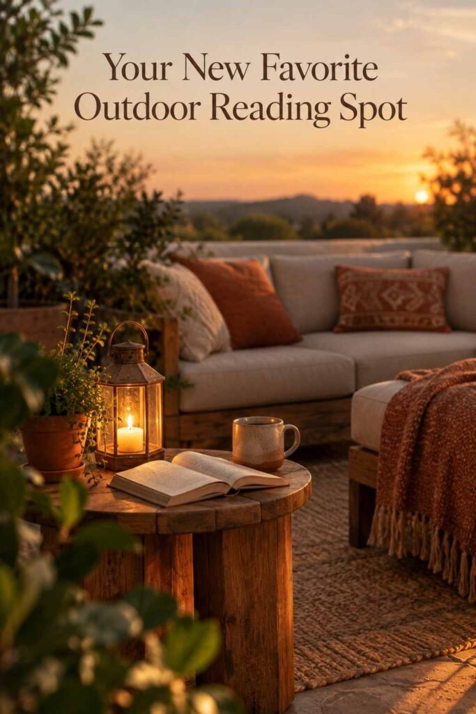 Cozy Outdoor Backyard Ideas to Transform Your Outdoor Space 10 Wood side table styled with a lantern, an open book, and a mug in a backyard patio setting at dusk.