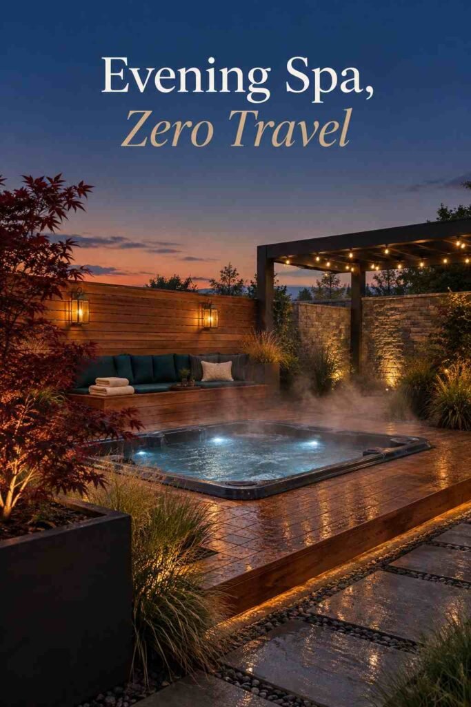 Cedar deck terrace at twilight with a steaming jacuzzi, glowing brass lanterns and string lights under a charcoal pergola.