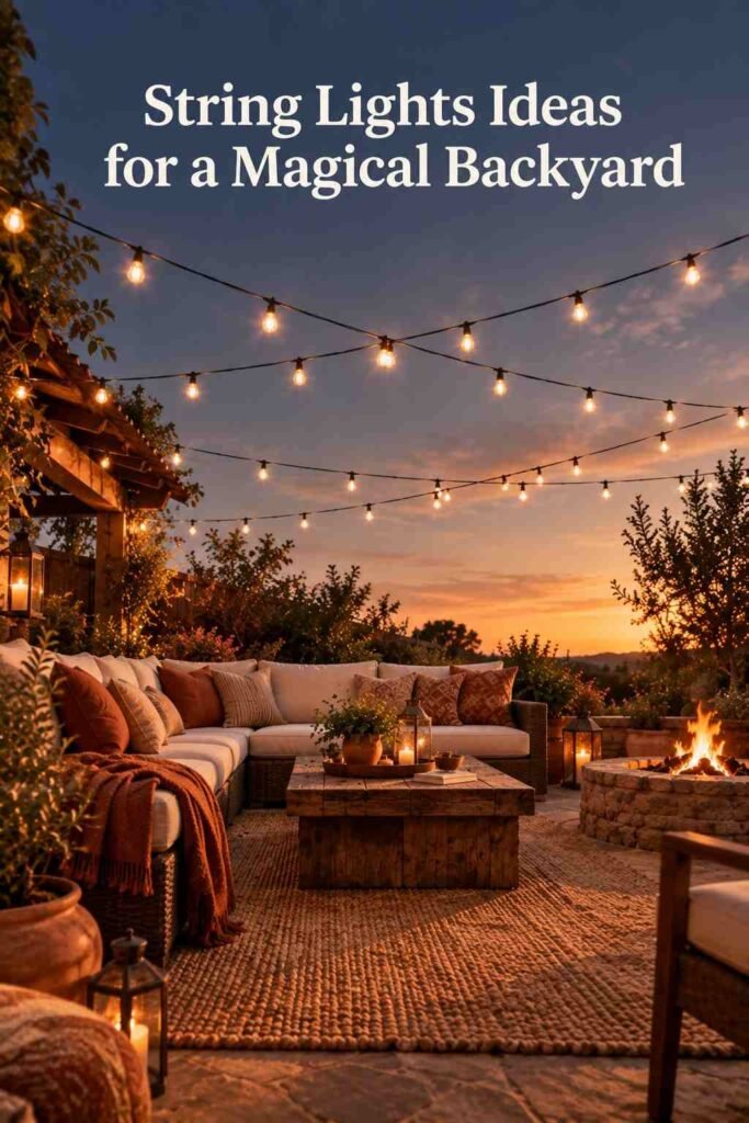 Cozy Outdoor Backyard Ideas to Transform Your Outdoor Space 6 Low-angle view of warm string lights crisscrossing above a backyard patio at dusk.
