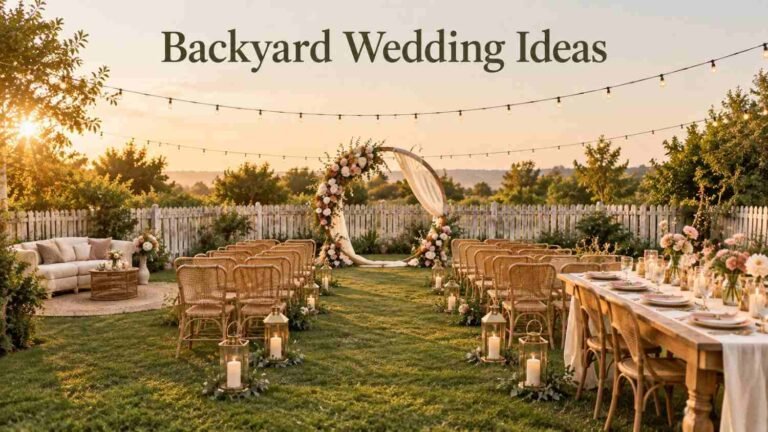 Backyard wedding setup at golden hour with a chiffon-draped wooden arch, a lantern-lined aisle, and a long farm table under string lights.
