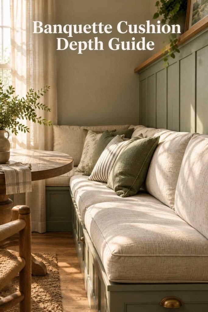 Side profile of a cream linen banquette bench with deep seat cushions against sage green wall paneling.