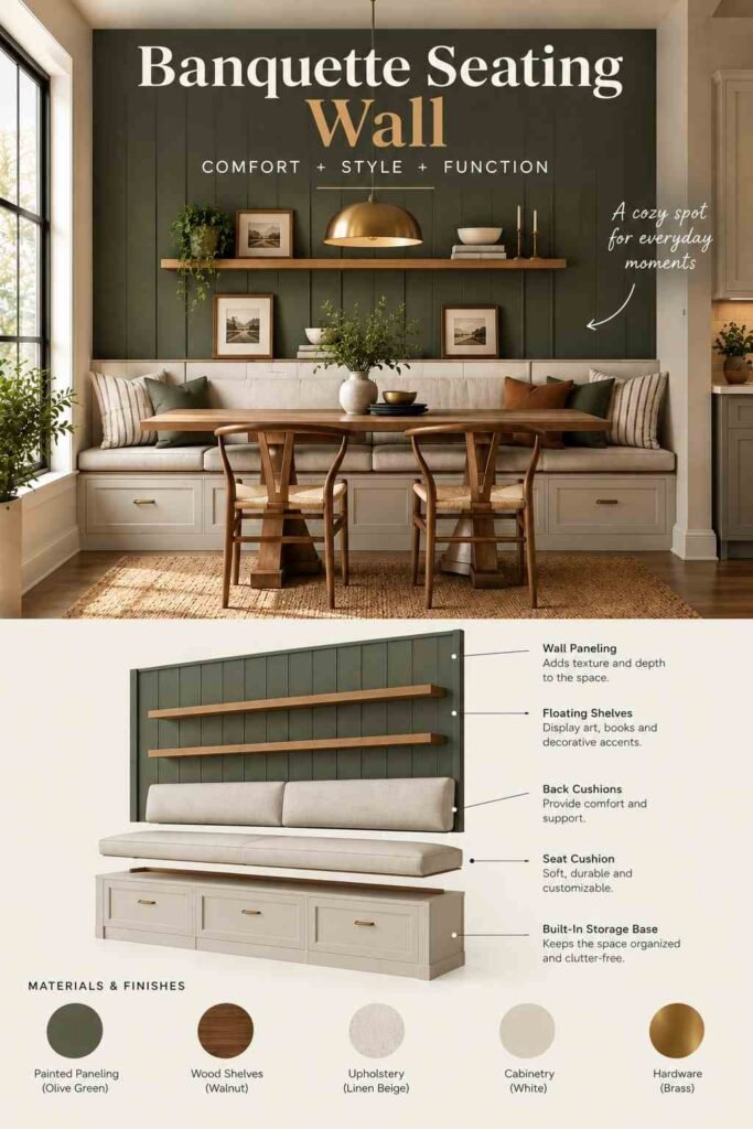 Black Accent Wall Ideas to Add Bold, Timeless Drama to Any Room 6 Exploded view of a built-in banquette seating wall showing wall paneling, floating shelves, cushions, seat, and storage base.