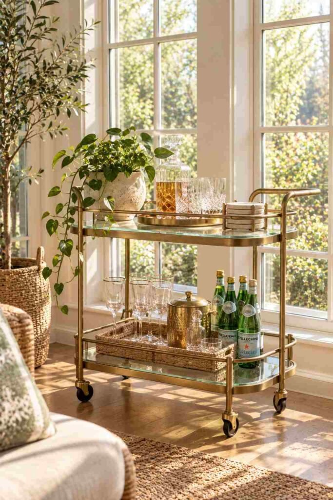 Bar cart styled as functional indoor sunroom furniture