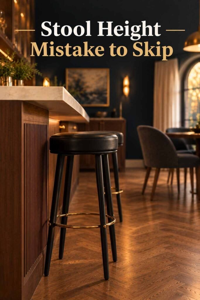 Dining Room Bar Ideas to Make Every Dinner Feel Like a Party 15 Side view of a black metal stool at a cream stone counter, showing the gap between seat and counter and the slight overhang.