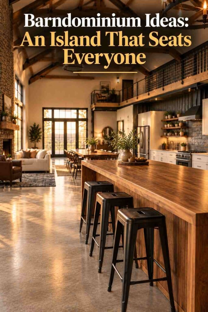 Barndominium Ideas to Inspire Your Exterior, Layout, and Interior 8 Walnut kitchen island with three black steel stools in front of warm-white shaker cabinets and a charcoal corrugated metal wall.