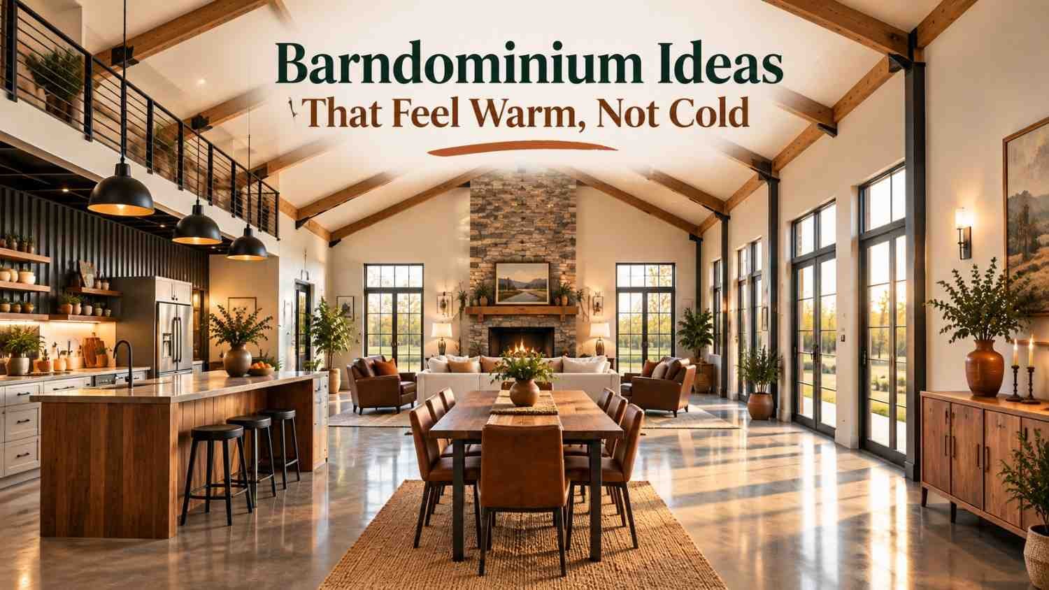 Open-concept barndominium great room with exposed timber trusses, a stone fireplace, a walnut kitchen island, and a cream sofa in golden light.