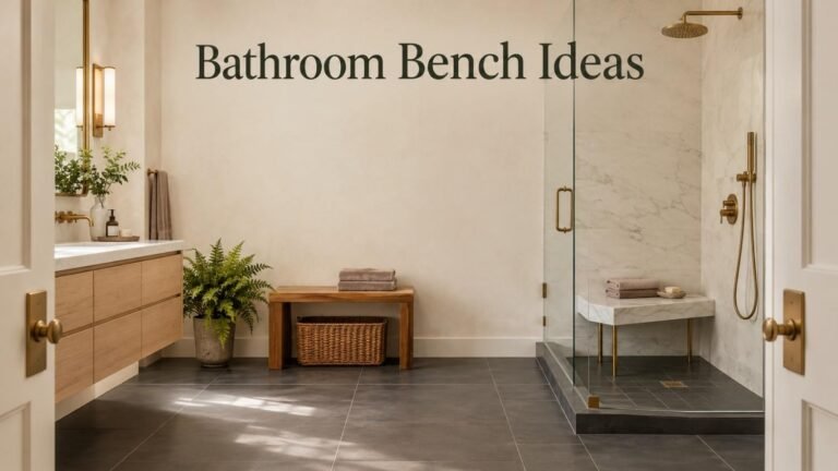 Spa-style primary bathroom with a built-in marble corner bench and a freestanding teak stool bench near a wood vanity.