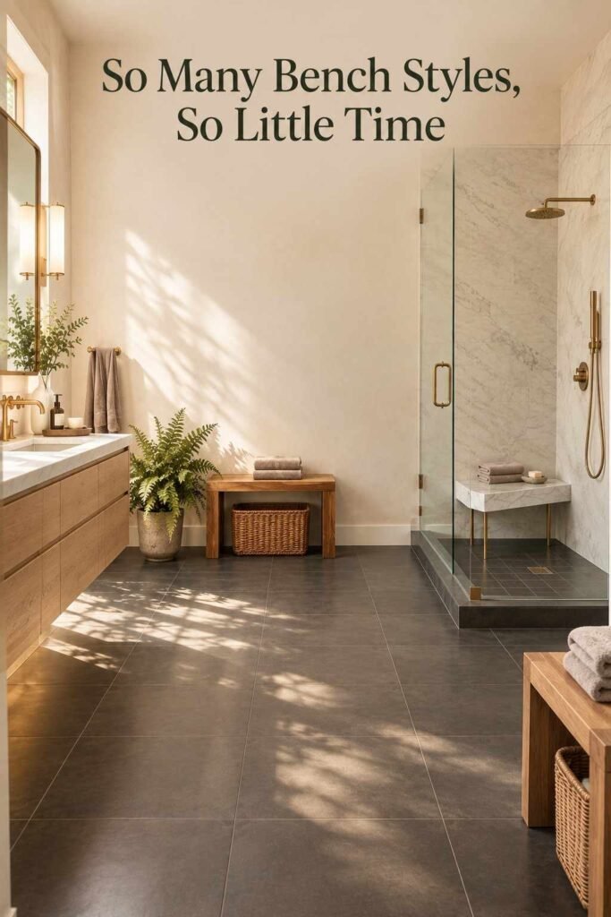 Backlit bathroom view comparing a built-in marble shower bench with a freestanding teak stool bench.