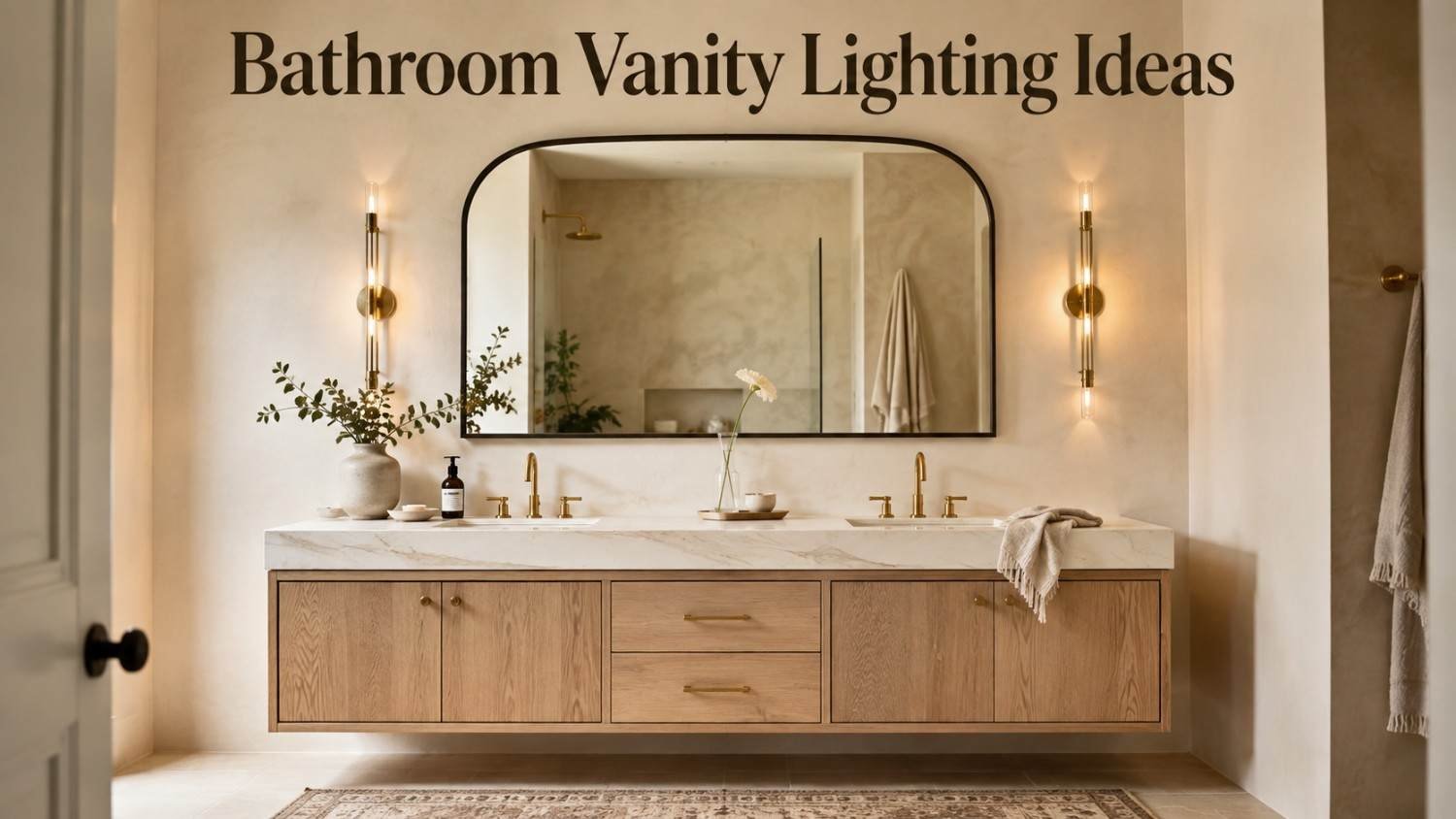 Bright bathroom vanity with white marble counter, brass sconces, and an arched mirror.
