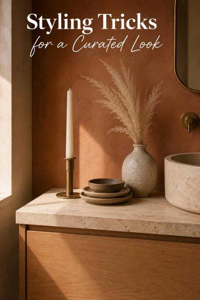 Aesthetic Bathroom Inspo Ideas to Transform Your Space in 2026 4 Close-up of a ceramic candle, stacked dishes, and dried pampas styled on a travertine bathroom counter.