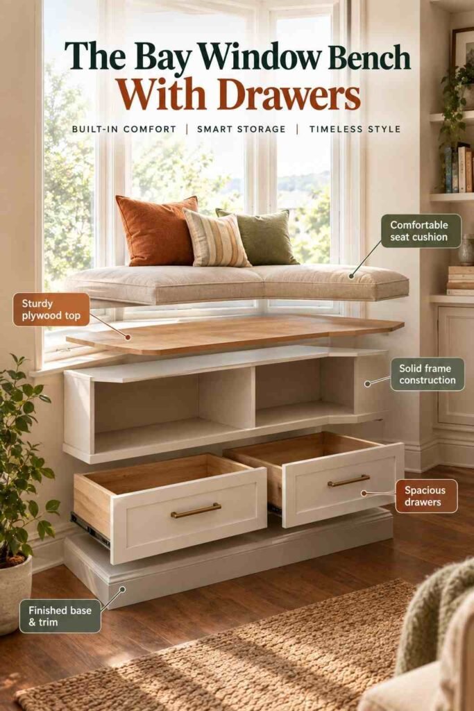 Bay window bench with drawers featuring a cushioned seat, built-in hidden storage, and a warm wood-and-cream interior design.
