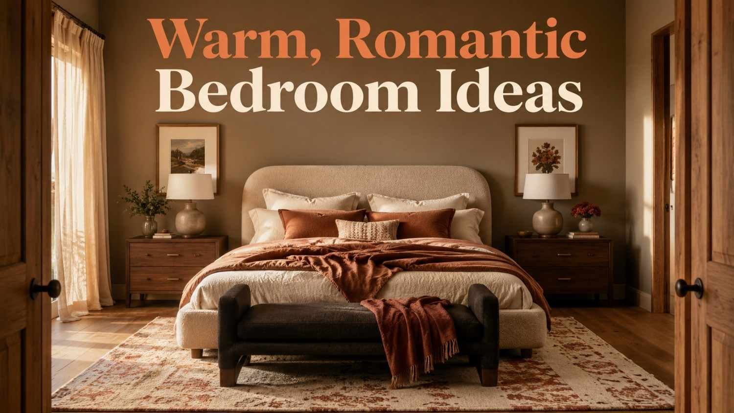 Symmetrical bedroom with a taupe upholstered bed, terracotta bedding, matching walnut nightstands, and warm golden-hour light.