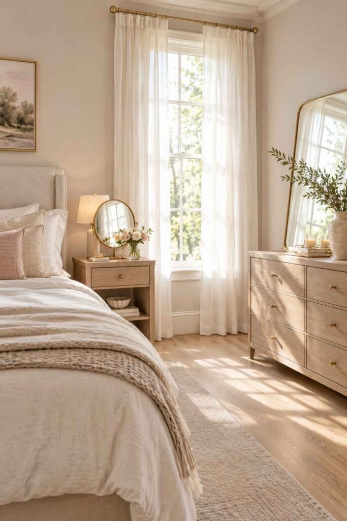 Mirror Table Decor Bedroom: 26 Stylish Ideas for Nightstands, Dressers & Vanities 3 Bedroom with small mirrors on the nightstand and dresser reflecting soft window light