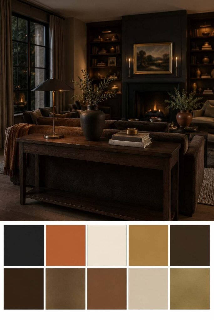 Cozy console table styling behind sofa with moody elegant color palette swatch strip