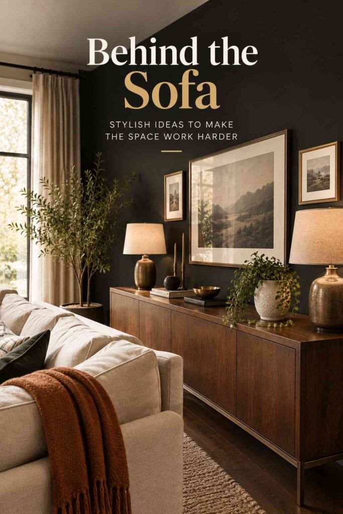 Black Accent Wall Ideas to Add Bold, Timeless Drama to Any Room 2 Behind-the-sofa living room with a cream sofa, walnut console, framed artwork, lamps, and greenery against a dark accent wall.